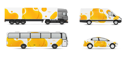 Design branding vehicles for advertising and corporate identity. Mock up for transport. Passenger car, bus and van. Graphics elements with modern geometric style.