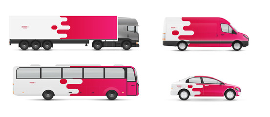 Design branding vehicles for advertising and corporate identity. Mock up for transport. Passenger car, bus and van. Graphics elements with modern geometric style.