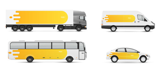 Poster - Design branding vehicles for advertising and corporate identity. Mock up for transport. Passenger car, bus and van. Graphics elements with modern geometric style.