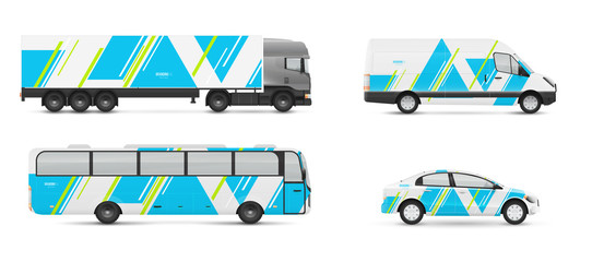 Design branding vehicles for advertising and corporate identity. Mock up for transport. Passenger car, bus and van. Graphics elements with modern geometric style.