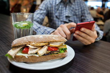 Sandwich with chicken and vegetables on a plate. Woman is going to eat lunch and using phone in cafe