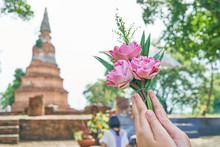 Close Up Hand Of Woman That Pay Homage To Buddha Image. This Activity Is Shown To Believing In A Buddha Religion Of People.