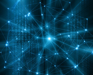 Poster - Abstract background with connected lines and dots for your design. Smooth lines, intertwined, shining dots and flashes on a dark background