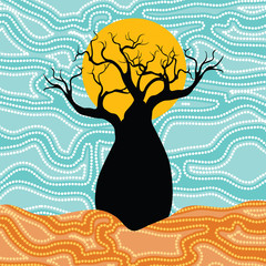 Wall Mural - Boab (Baobab) Tree Vector Painting. Aboriginal dot art vector background. 