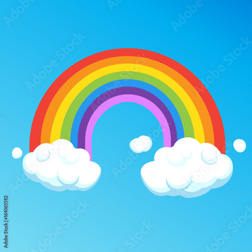 Rainbow With Clouds Isolated On Blue Sky Background Colorful
