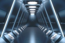 Futuristic Background Science Fiction Interior And Blue Light Architecture Corridor,3D Rendering