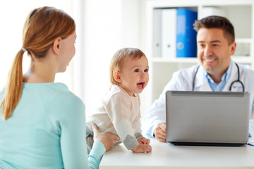 Sticker - woman with baby and doctor with laptop at clinic