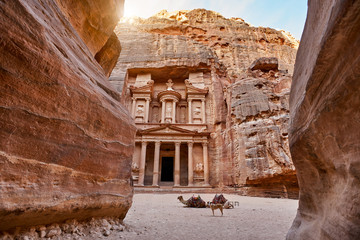 The temple-mausoleum of Al Khazneh in the ancient city of Petra in Jordan