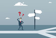 © mast3r - Business Man On Crossroad Look At Sign Board Choosing Direction Concept Flat Vector Illustration