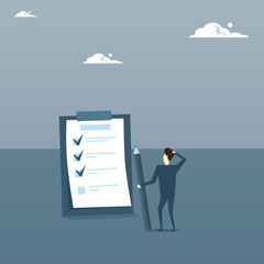 Poster - Confused Business Man Standing Back Looking At Check List Question Mark Think Problem Solution Flat Vector Illustration