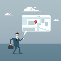 Poster - Business Man Searching For Destination On Digital City Map Gps Navigation Concept Flat Vector Illustration