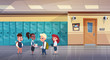 © mast3r - Group Of Schoolchildren In School Corridor Mix Race Pupils Over Row Of Lockers Flat Vector Illustration