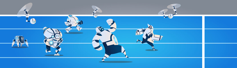 Fototapete - Modern Robots Team Running On Sport Group Artificial Intelligence Technology Flat Vector Illustration