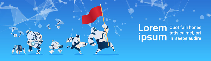 Fototapete - Modern Robots Team Running Hold Flag Artificial Intelligence Technology Flat Vector Illustration