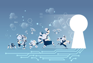 Poster - modern robots group running to keyhole artificial intelligence technology flat vector illustration