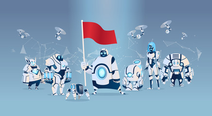 Poster - Modern Robots Team Hold Flag Artificial Intelligence Technology Flat Vector Illustration
