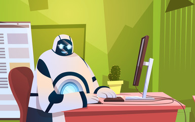 Poster - Modern Robot Working In Office Sitting At Desk Artificial Intelligence Technology Concept Flat Vector Illustration