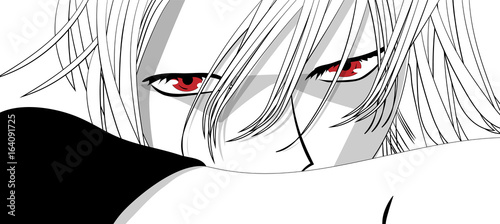 Zdjęcie XXL Oczy anime. Czerwone oczy na białym tle. Anime twarz z kreskówek. Ilustracji wektorowych