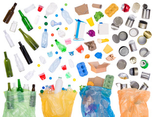 samples of trash that can be recycled isolated on white and in plastic bags