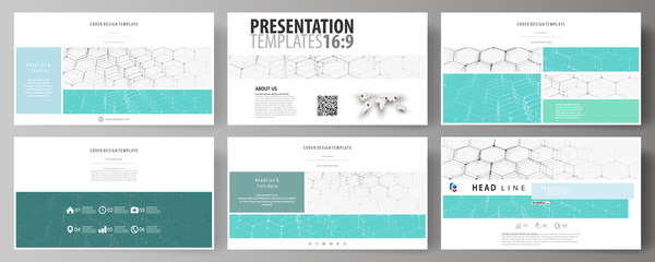 Poster - Business templates in HD format for presentation slides. Abstract vector layouts in flat design. Chemistry pattern, hexagonal molecule structure on blue. Medicine, science and technology concept.