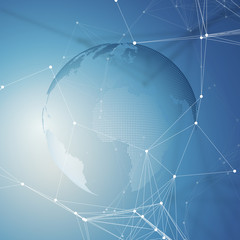 Poster - Abstract futuristic network shapes. High tech HUD background, connecting lines and dots, polygonal linear texture. World globe on blue. Global network connections, geometric design, dig data concept.