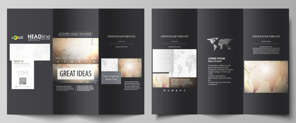 The black colored minimalistic vector illustration of the editable layout of two creative tri-fold brochure covers design templates. Global network connections, technology background with world map.