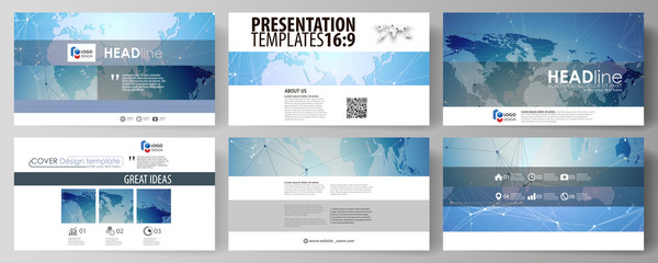 Poster - The minimalistic abstract vector illustration of the editable layout of high definition presentation slides design business templates. World map on blue, geometric technology design, polygonal texture