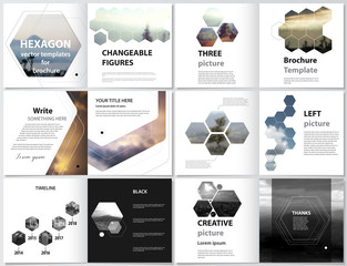 The minimalistic vector illustration of the editable layout of square design bi fold covers design templates for brochure, flyer, magazine, booklet. Abstract polygonal modern style with hexagons