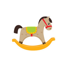 Vector Rocking Horse Toy Flat Illustration. Wooden Kid Horse, Pony Toy Colored Isolated On A White Background. Children Education, Growth And Development Concept. Colorful Design Object