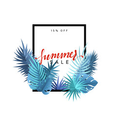 Summer design frame layout. Poster sale with palm branches. Banner with green tropical leaves.