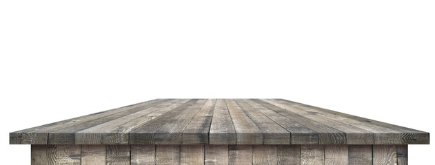 Wall Mural - Empty dining table vintage style with clipping path in perspective view for product placement or montage with focus to table. Wooden board surface.