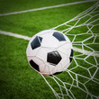 © ohmega1982 - Soccer football in Goal net with green grass field.