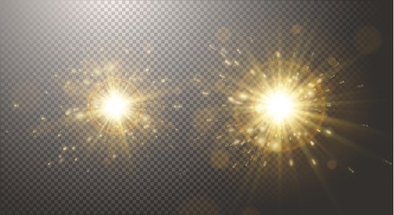 Gold glitter dust, sun ray, light, glow, sunbeam, burst, warm sunrise, gold explosion, stars, bright abstract elements, transparent background, golden sparkles. Vector, separated elements under mask