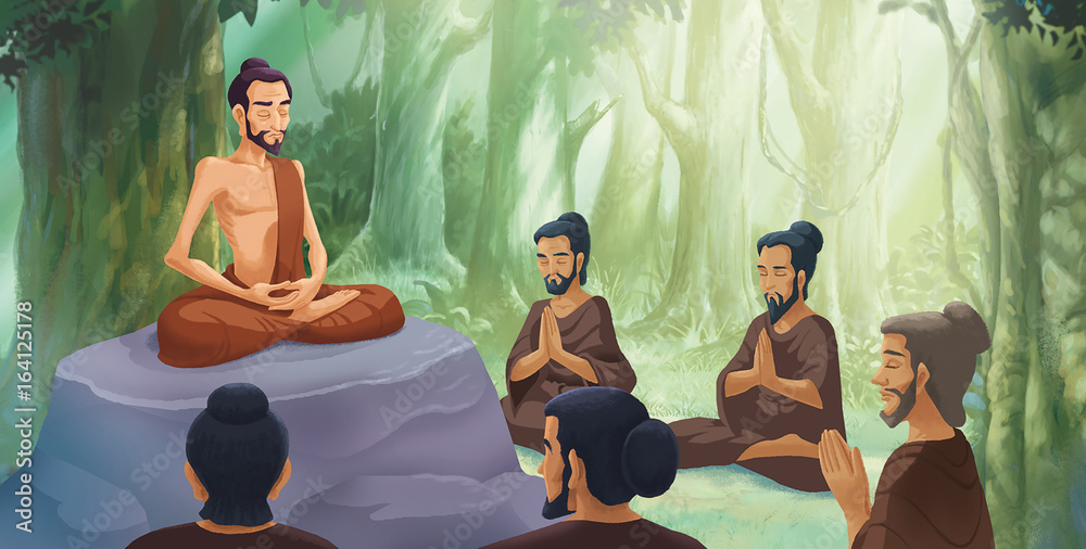 Illustration - Siddhartha practiced the extreme forms of asceticism with the support of five monks - obrazy, fototapety, plakaty 