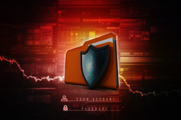 Poster - laptop folder with shield. Isolated 3d rendering image