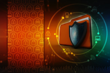 Poster - laptop folder with shield. Isolated 3d rendering image