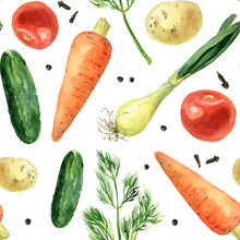 Seamless Pattern Of Vegetables, Watercolor Sketch. Carrots, Cucumber, Onion, Tomato, Potatoes, Dill, Spices