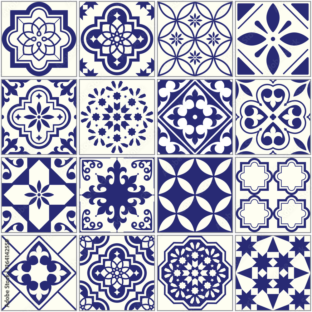 Seamless tiles pattern, Mediterranean floral mosaic set, Lisbon seamless navy blue ornament - obrazy, fototapety, plakaty 