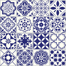 Seamless Tiles Pattern, Mediterranean Floral Mosaic Set, Lisbon Seamless Navy Blue Ornament
