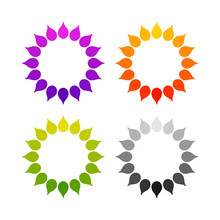 Set Of Stylized Sun Logo. Round Icon Of Sun, Flower. Isolated Yellow, Green, Red, Orange, Violet, Purple, Black Logo On White Background. Can Use As Frame.