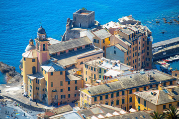 Aerial view of city of Camogli , Genoa Province, The church and the castle, Liguria, Mediterranean coast, Italy