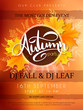 Vector autumn party poster with lettering, yellow autumn maple leaves, doodle branches and circle