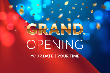 Grand opening banner concept. Celebration design. Gold glitter letters on luxury background with light effect,red silk and confetti. Applicable for flyer, presentation and poster design.