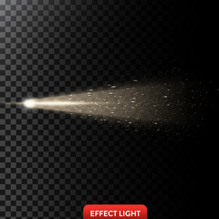 Wall Mural - Vector illustration of a golden light ray with glitter, a light beam with sparks, a glow effect, an explosion, a flash on a black background. Design element