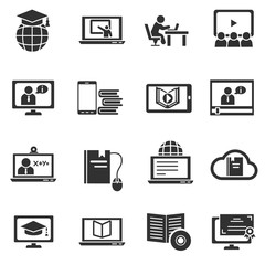 Wall Mural - Distance learning. Monochrome icons. Online education