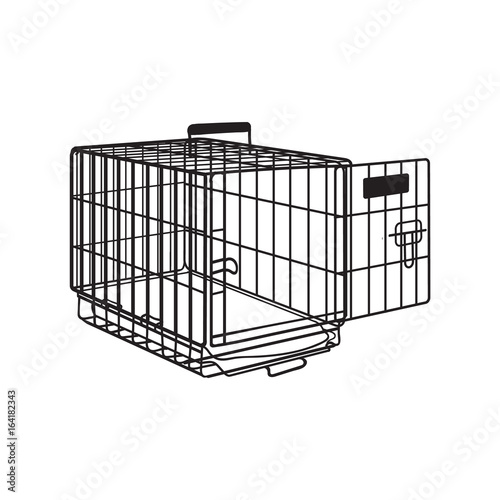 Fotografie, Obraz Metal wire cage, crate for pet, cat, dog transportation, sketch style vector illustration isolated on white background