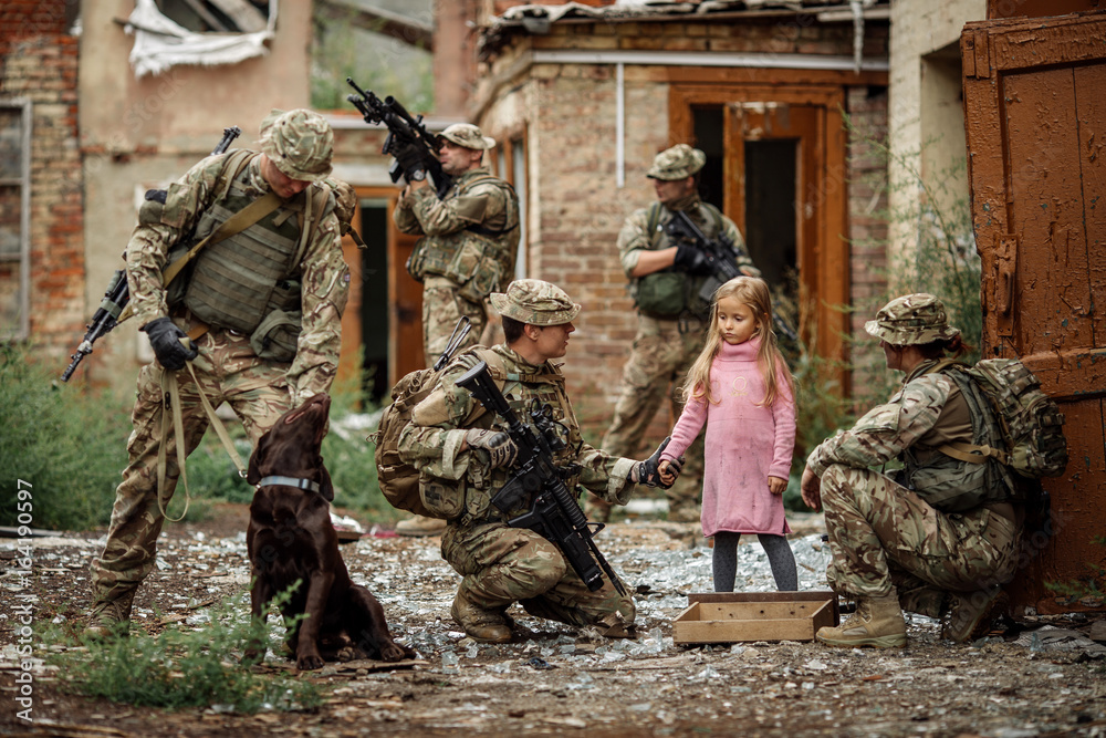 Rangers and children on battlefield background. Military and rescue ...