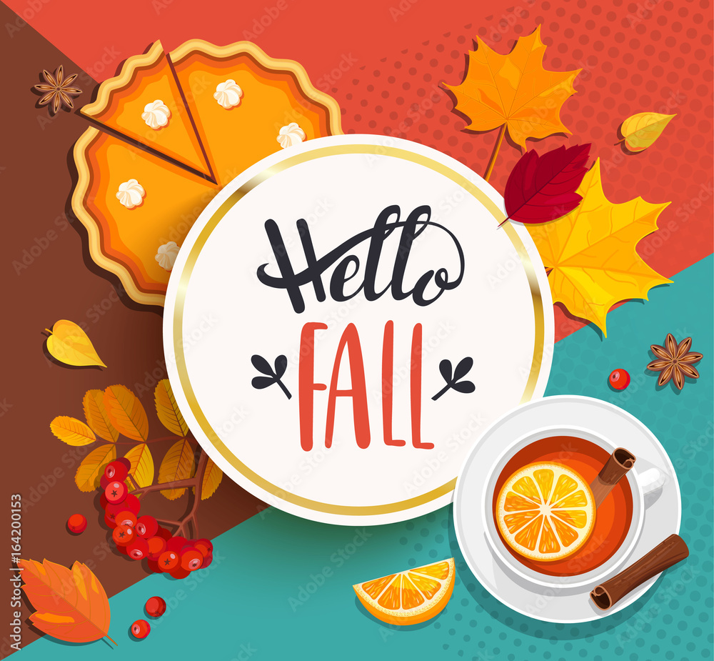 Hello Fall Letras Hello Fall lettering in gold frame. Stock Vector | Adobe Stock