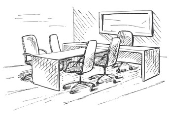 Fototapete - Office in a sketch style. Hand drawn office furniture. Vector illustration.