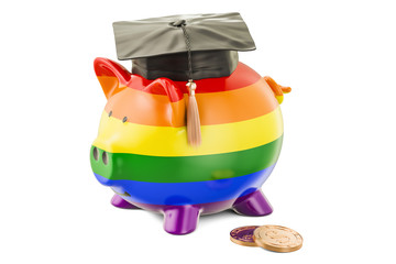 Savings for education concept. Piggy bank with rainbow flag and golden coin, 3D rendering